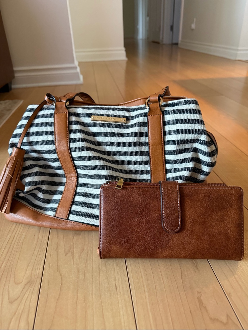 Poppy and Peonies Black & White Canvas Tote with Brown Trim and Matching Wallet